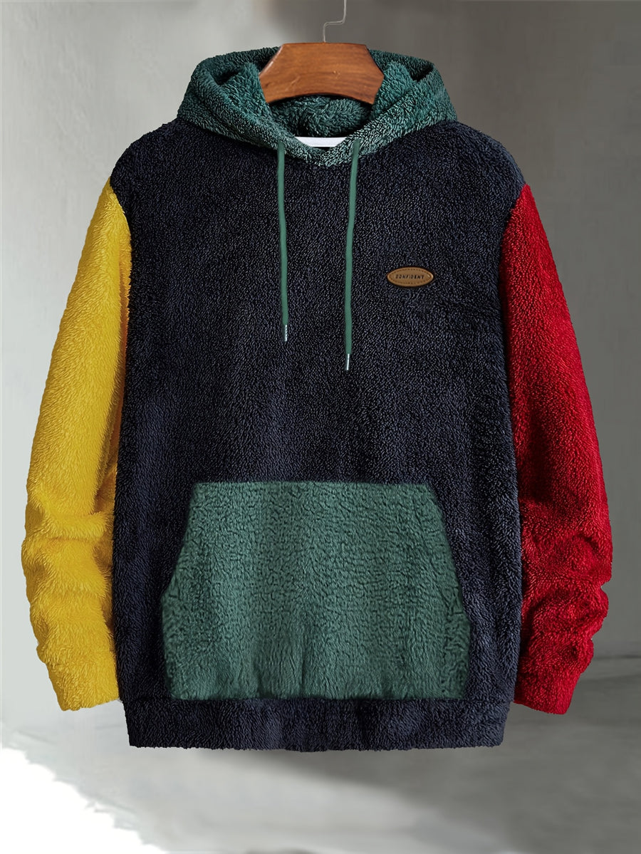 Men's Multi-Color Plush Hooded Sweatshirt with Contrast Patch Embroidery, Warm Autumn/Winter Hoodie with Drawstring - fern green