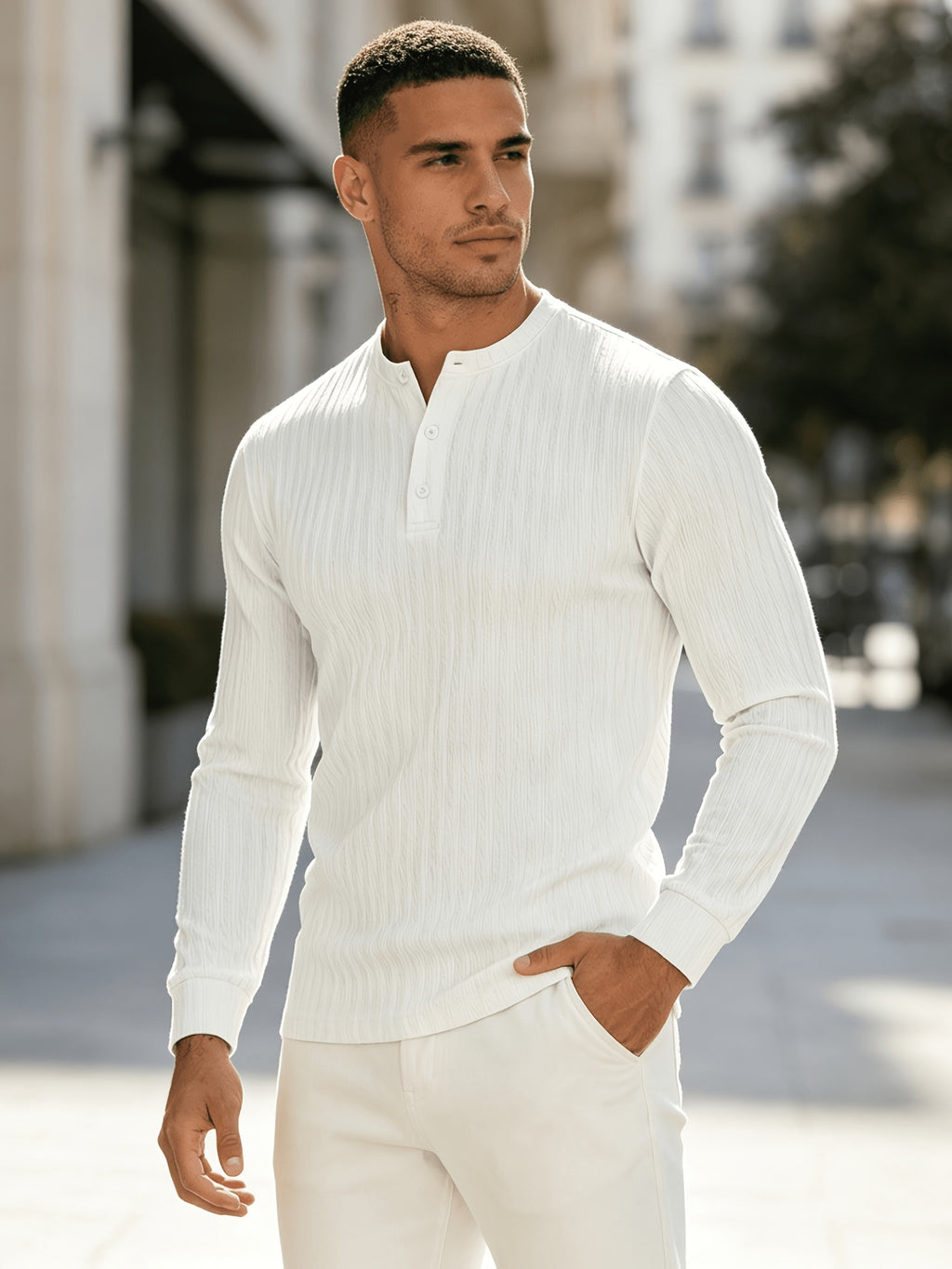 American-style Heavyweight Men's Knit Vintage Stretch Textured Pattern Casual Loose Fit Versatile Commuter Long-Sleeve Henley Shirt - White