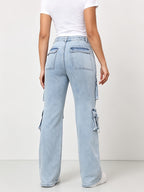 Popular Stylish Women's Denim Jeans - American Streetwear Style, Mid-High Stretch, Hip Hop Multi-Pocket Straight-Leg Cargo Jeans - Sky Blue