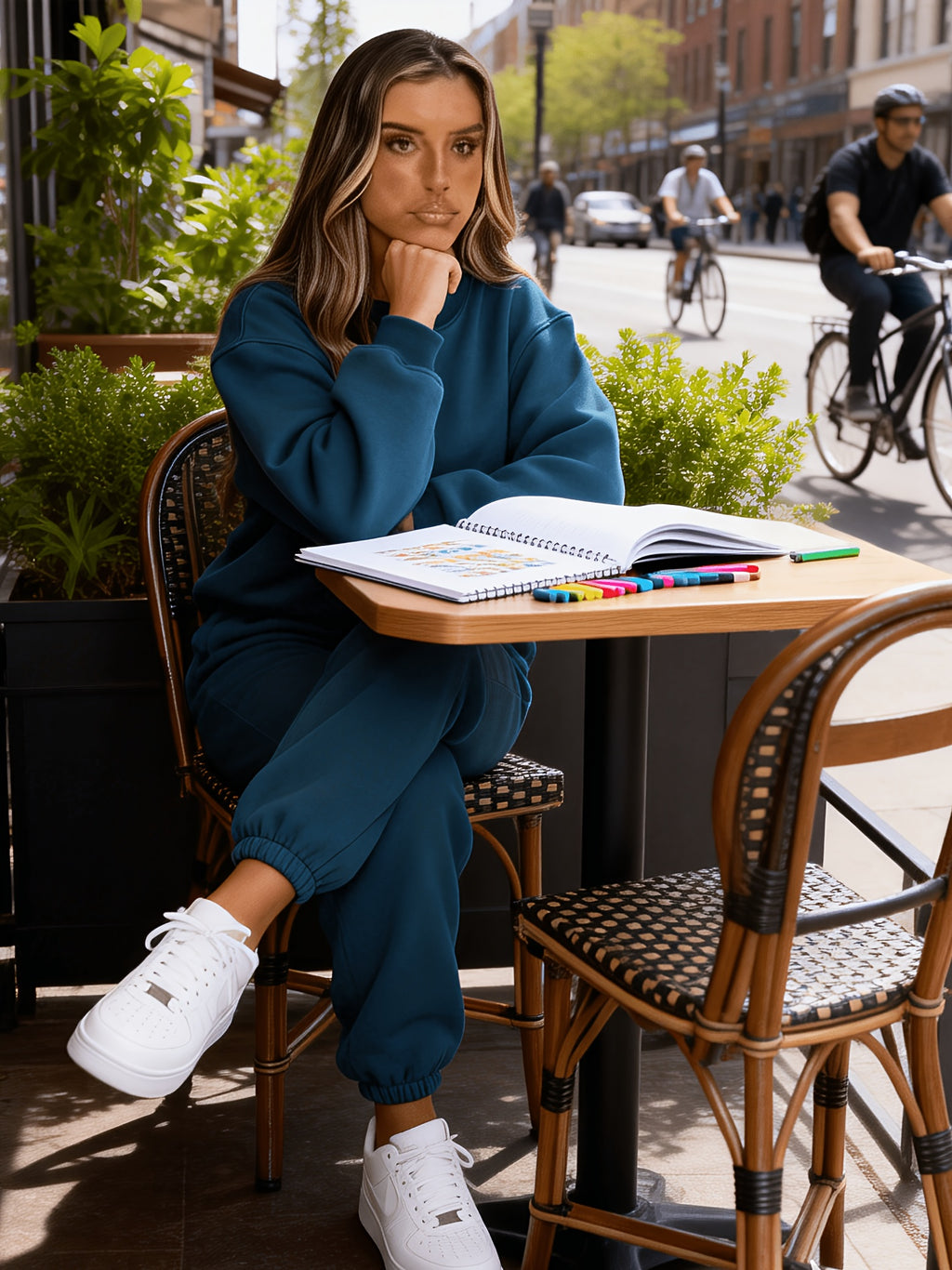 Targeted Western Fashion Casual Trendy Sweatshirt And Sweatpants Set - Dark Blue 1