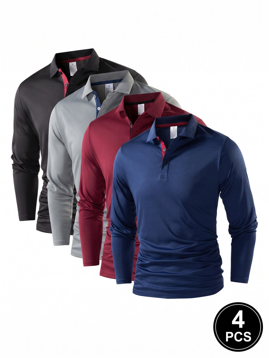 4pcs Set of New Men'S Thin Long-Sleeve Polo Shirts, 100% Fiber Fabric, Multi-Color Available, Classic Color-Block Design, Versatile And Fashionable, Men'S Golf Shirt, Polo Shirt, Polo Collar, T-Shirt, Sportswear, Knit - Black + Cyan + Gray + Red