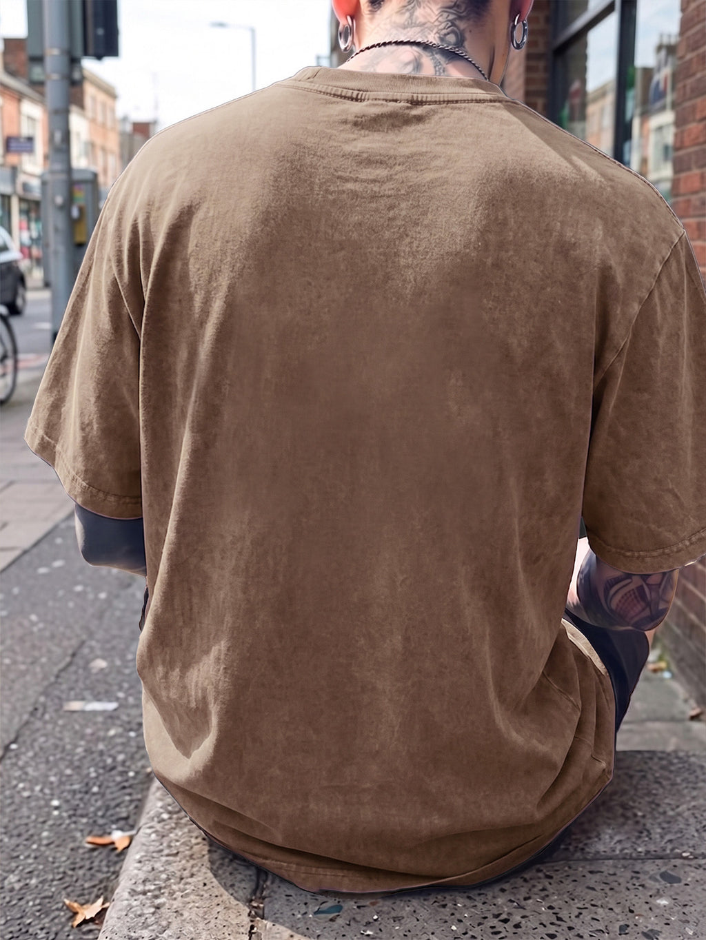 Short Sleeve T-Shirt, Half-Sleeve Top, Pure Cotton Washed Distressed Loose Fit, Compass Print, Multiple Colors for Mix and Match, American Streetwear, Chinese National Trend, High Street, Hip-Hop, Y2K Style, Daily Streetwear, Sports - Brown
