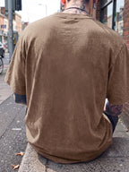 Short Sleeve T-Shirt, Half-Sleeve Top, Pure Cotton Washed Distressed Loose Fit, Compass Print, Multiple Colors for Mix and Match, American Streetwear, Chinese National Trend, High Street, Hip-Hop, Y2K Style, Daily Streetwear, Sports - Brown