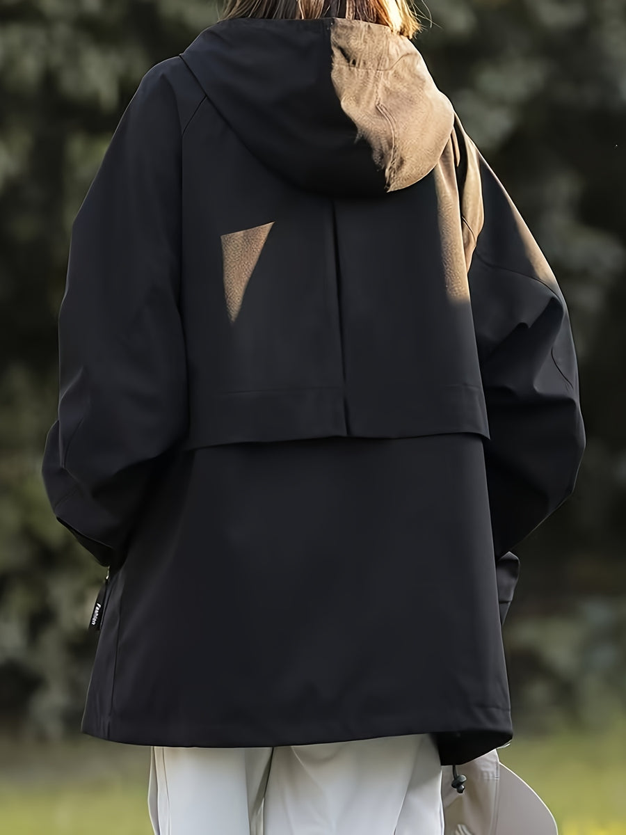 Women's Outdoor Windbreaker Jacket, Stylish Autumn/Winter Outerwear, Casual Loose Windproof Jacket, Fashionable Cardigan Workwear Trench Coat - Black