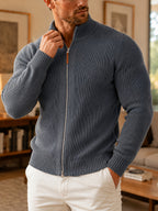 Du Jing Lan OBM Autumn/Winter New Men's Knit Cardigan, Thickened Warm Old Money Style Textured Ribbed Solid Color Double Zipper Open Front Long Sleeve Knit Sweater, Men's Business Casual Daily Basic Knit Base Layer Top, Suitable for Spring and Autumn - Dark Gray