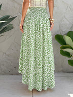 Women's Spring and Summer Vacation Daily Casual Watermark Floral Print Tie-waist Long Maxi Skirt - Yellow-green