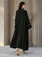 1pc Women Open Front Abaya Cardigan, Elegant Pearl Rhinestone Embellished Long Sleeve Maxi Outerwear, Modest Islamic Dubai Style Abaya Coat for Party Evening - Black