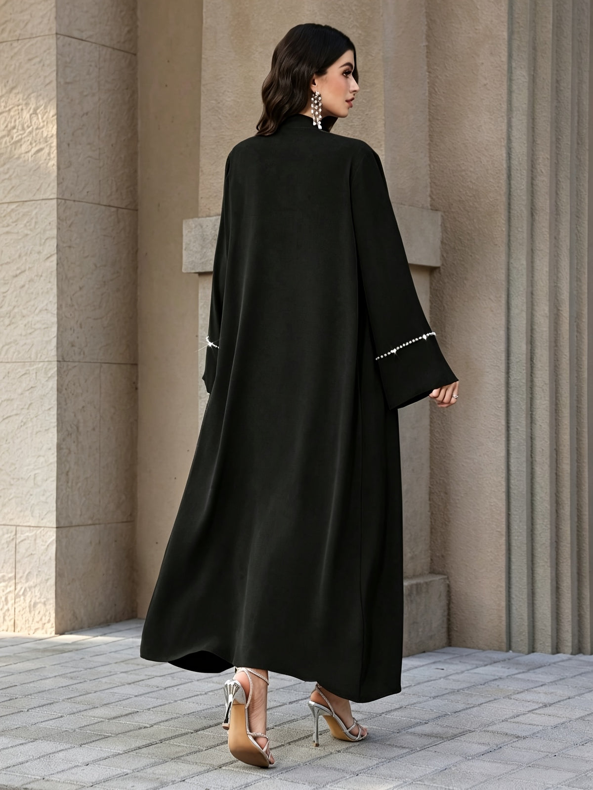 1pc Women Open Front Abaya Cardigan, Elegant Pearl Rhinestone Embellished Long Sleeve Maxi Outerwear, Modest Islamic Dubai Style Abaya Coat for Party Evening - Black