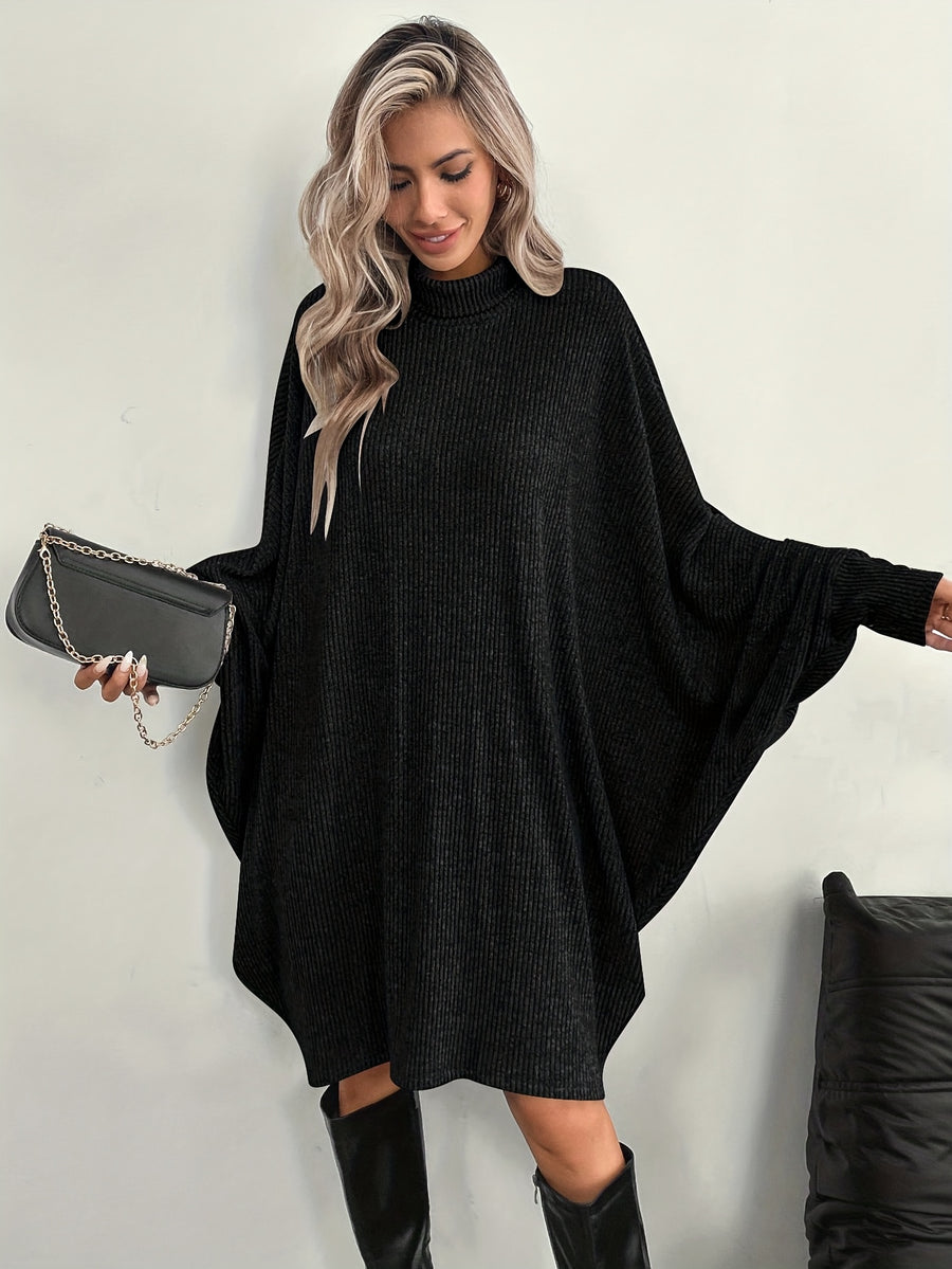 Women's Solid Color High Neck Batwing Sleeve Dress - Black