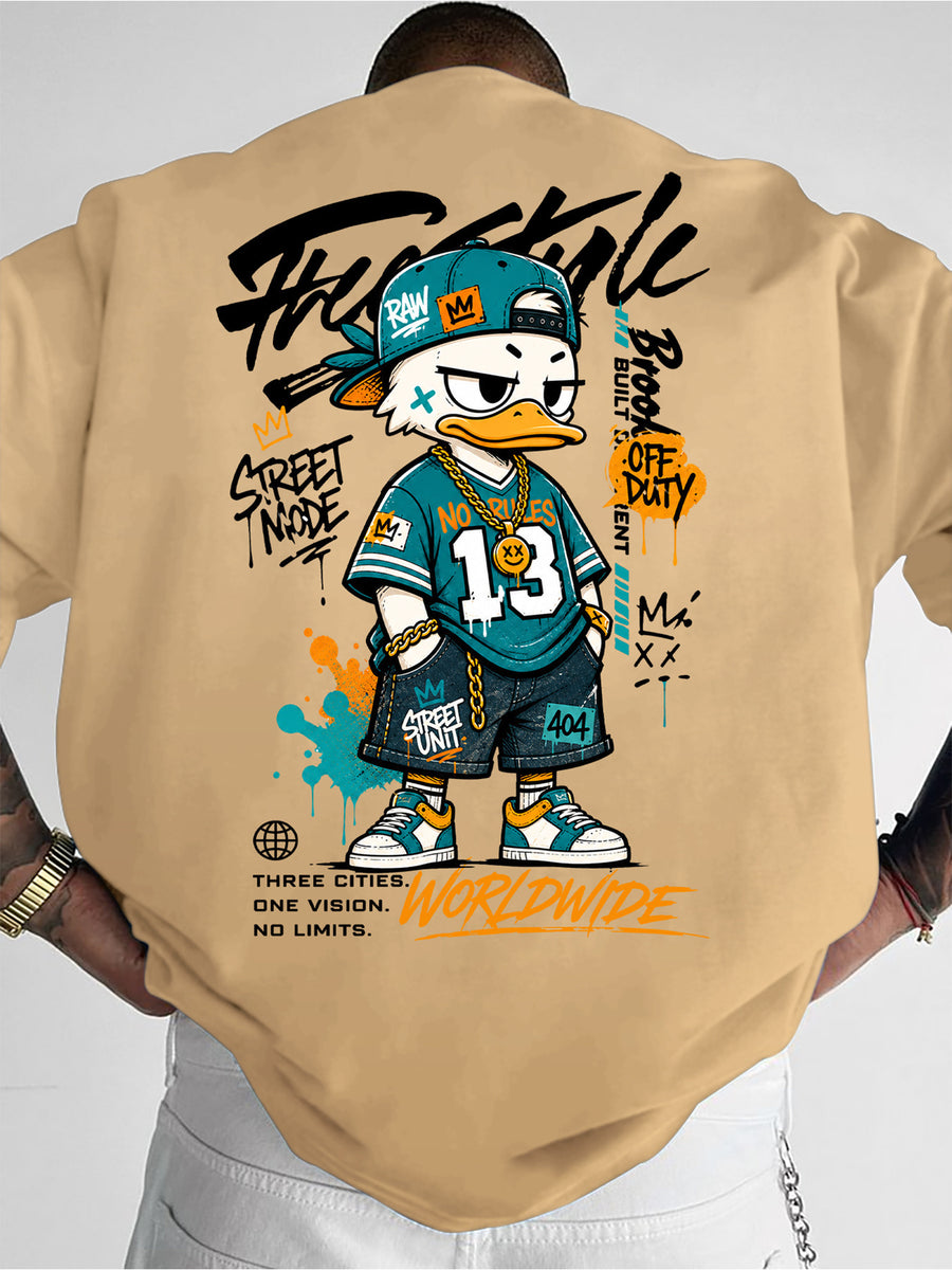 Printed Design, Non-textured, European and American Casual Style Men's Leisure T-shirt with Duck Image, Layered with Street Font Graphics, for Daily Commuting and Casual Wear - Mixed colors