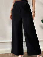 New Women'S High-Waist Wide-Leg Pants, Elastic Waist Straight-Leg Long Trousers, Elegant Wide-Leg Trousers Suitable for Casual And Formal Occasions, Office, And Semi-Formal Wear - Black