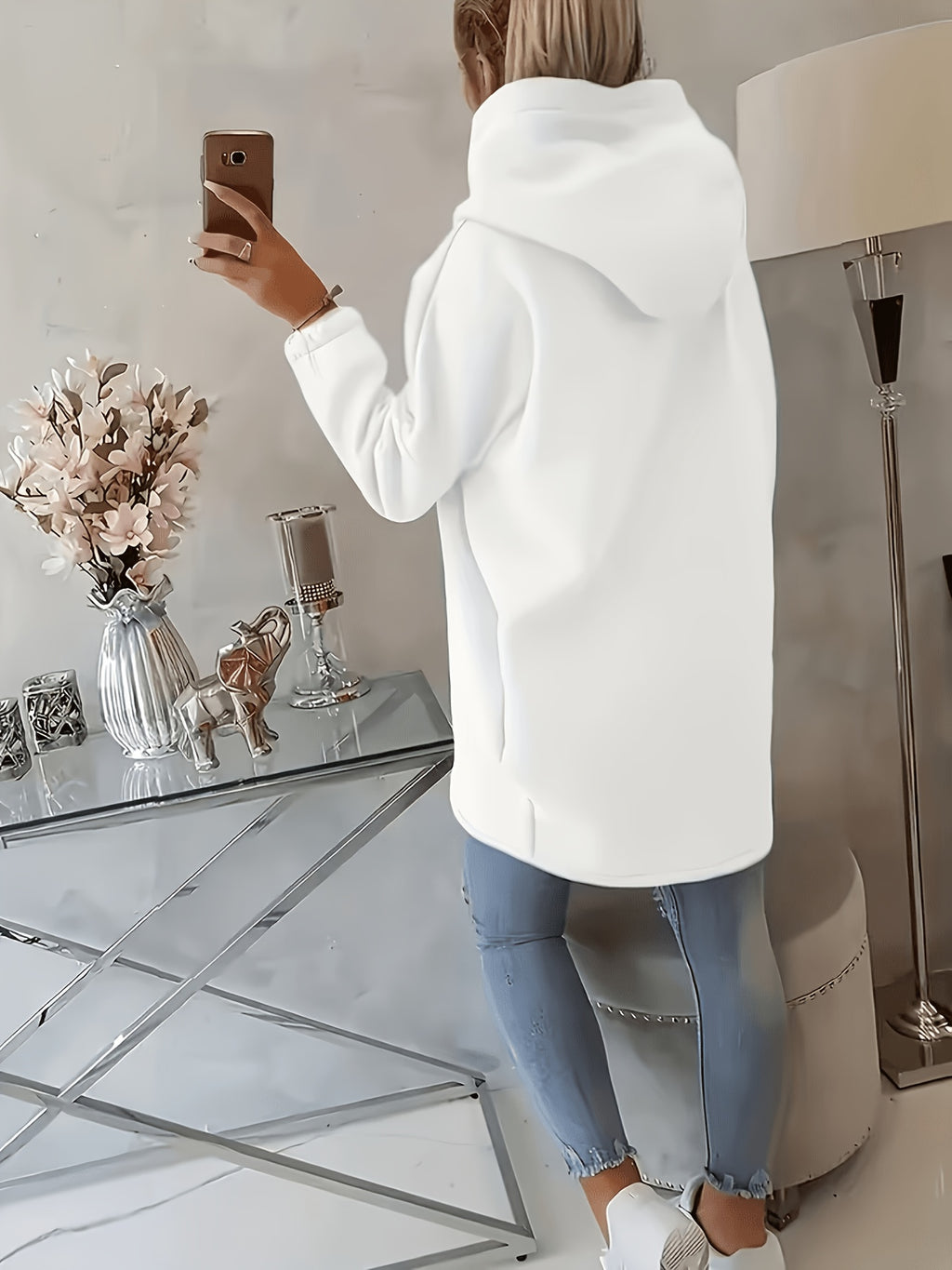 Plus Size, New European and American Women's Plus Size Hooded Sweatshirt with Full Front Zipper, Fashionable Asymmetric Hem Slit, Wide and Comfortable, Breathable, Thick and -Lined, Loose Fit, Long Sleeve, Warm for Autumn and Winter - White