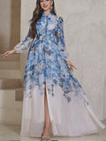ZD1031037 Ink Wash Floral Print Stand Collar Sheer Long Sleeve Wide Waistband Slit Bridesmaid Dress for Banquets and Weddings - Blue