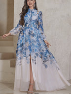 ZD1031037 Ink Wash Floral Print Stand Collar Sheer Long Sleeve Wide Waistband Slit Bridesmaid Dress for Banquets and Weddings - Blue