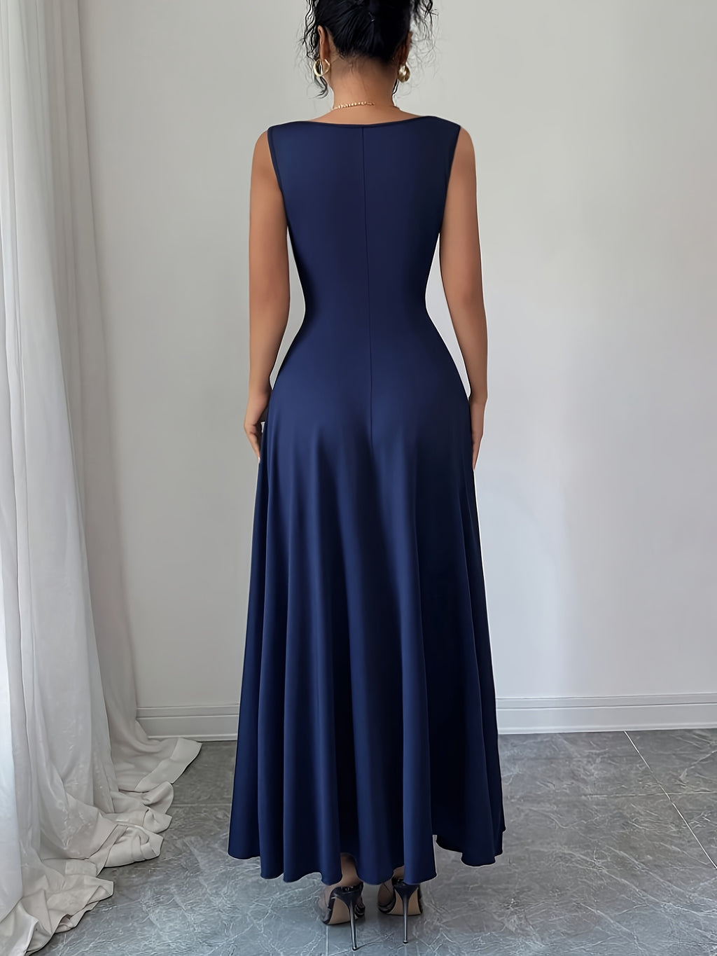 Sleeveless Puff Sleeve Dress Women'S Metallic Buckle Waist-Cinching Bodycon Skirt Elegant Temperament Evening Date Dress Long Dress - Navy Color