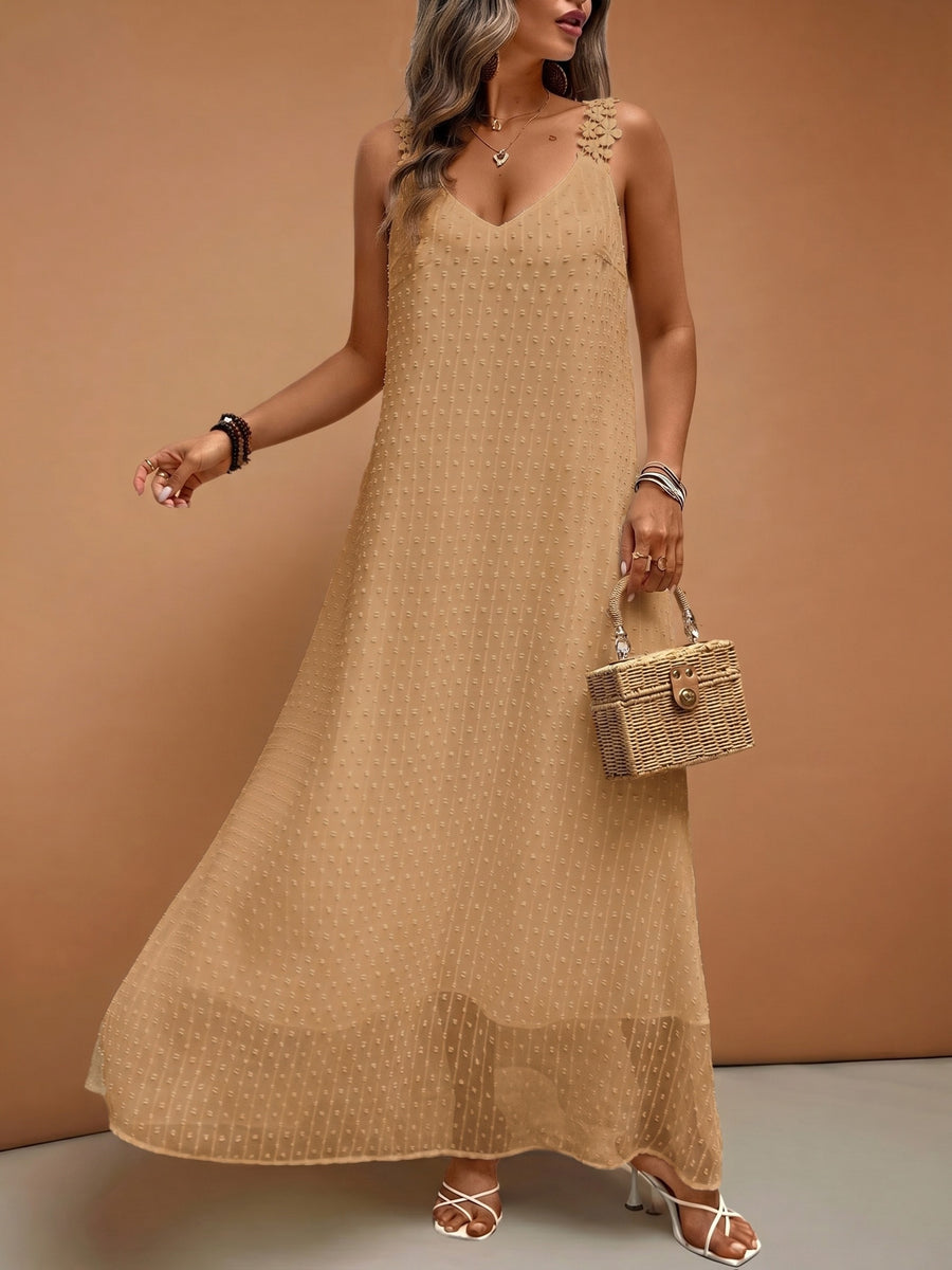 Women'S Elegant Vacation V-Neck Lace Trim Solid Color French Style Dress, Wedding Guest Dress - Khaki