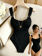 New Women's Elegant Front Pleated Bodysuit, Golden Buckle Detail Strappy Sleeveless Vest, Slim-Fit Jumpsuit, Suitable for Nightclub and Daily Wear, Wilderness - Black