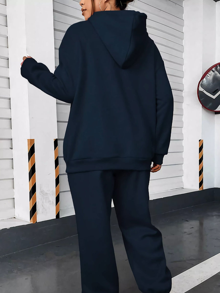 Geometric Print Women's -Lined Hooded Sweatshirt + Jogger Set, Machine Washable Pullover for Autumn/Winter, Soft Fabric, Versatile Daily Wear, -Lined Design, 100% Polyester, Ideal for Outdoor Sports, Durable and Comfortable Material, Warm and Stylish - Navy Color