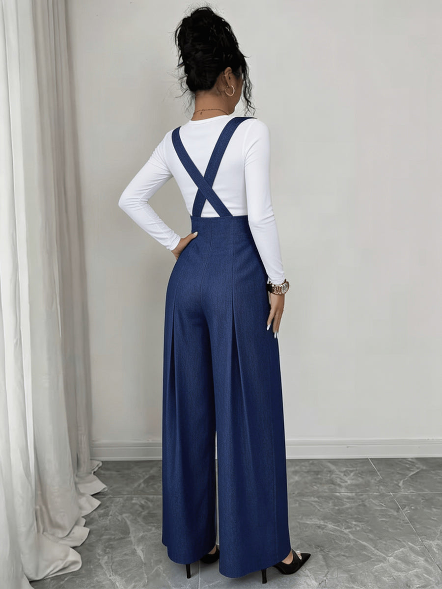 Spring And Autumn Solid Color Temperament Strap Wide Leg Pants Cross Strap High Waist Look Thin Workplace Commuter Suit Trousers - Deep Sky Blue