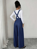 Spring And Autumn Solid Color Temperament Strap Wide Leg Pants Cross Strap High Waist Look Thin Workplace Commuter Suit Trousers - Deep Sky Blue