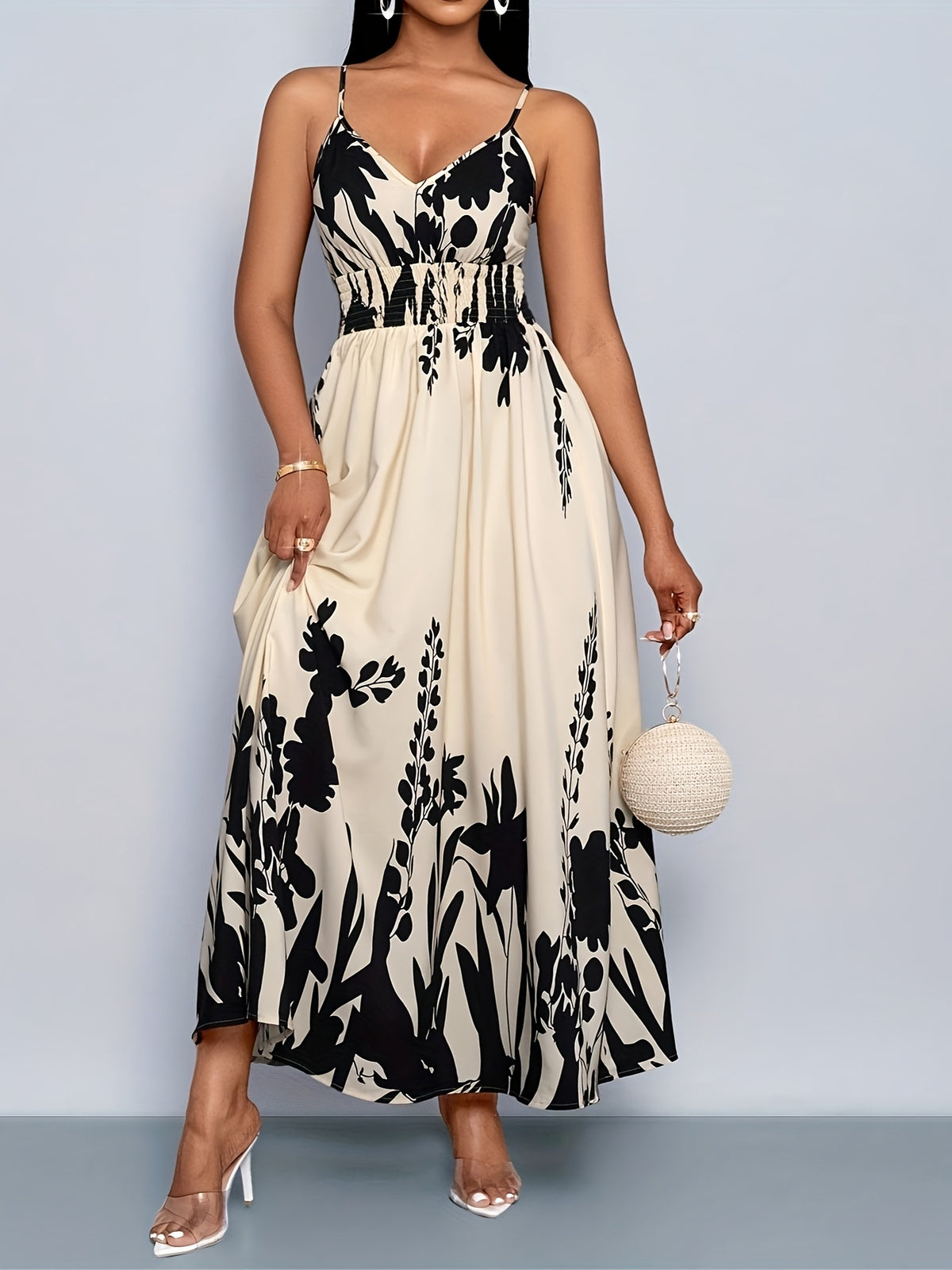 Elegant Women's Printed Spaghetti Strap V-Neck Sleeveless Dress - Apricot