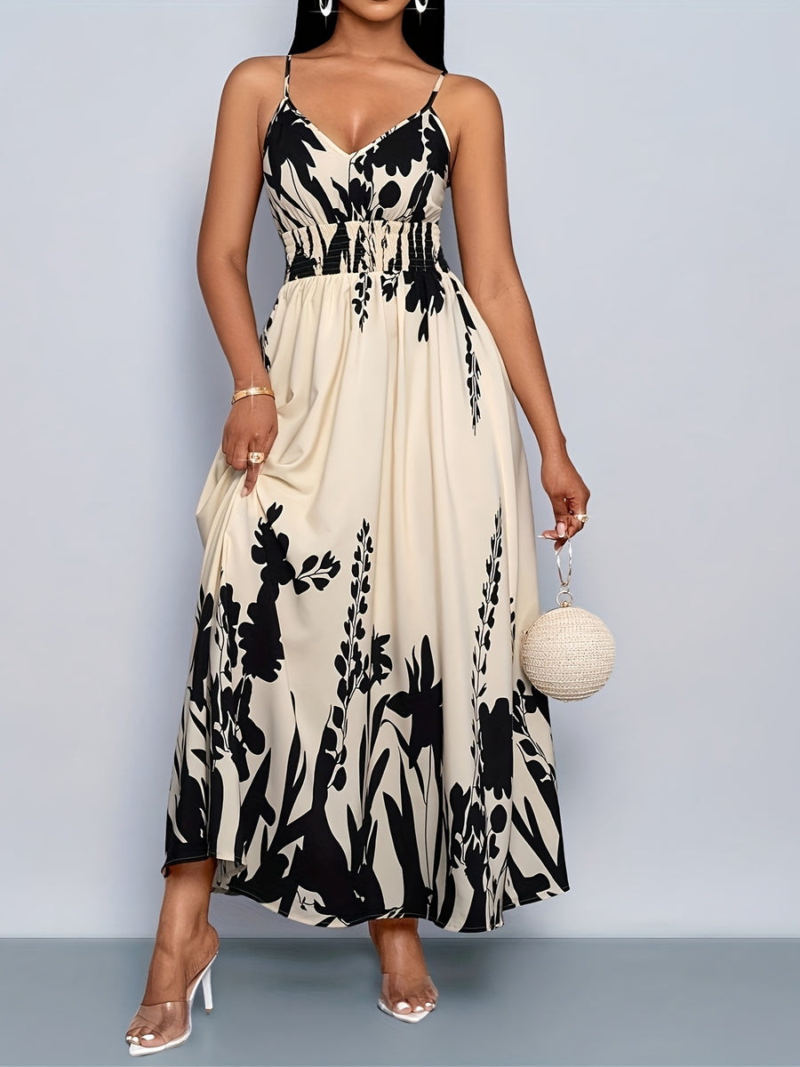 Elegant Women's Printed Spaghetti Strap V-Neck Sleeveless Dress - Apricot
