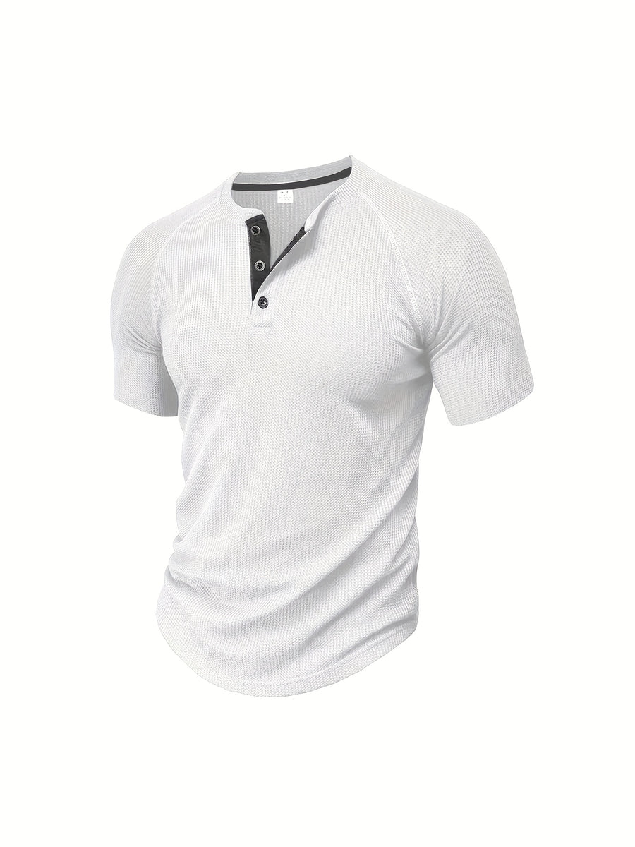(Set of 3) Men'S Loose-Fitting Solid Color Henley Short-Sleeve, Round Neck Half-Button T-Shirt, Suitable for Outdoor Activities in Spring And Summer. - White Army Green Lake Blue