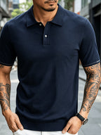 Men's Knitted Short-Sleeve Polo Shirt - Urban Street Scene Exterior Shot, Slim Fit, Lapel Collar, Two-Button, Business Casual Commuter Thin Top, Solid Color Knit Top with Embroidered Cuff Design - Dark Blue