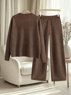 New Arrival Women'S Fall Winter Thick 2pcs Outfit, Printed Loose Crew Neck Faux Pullover Top Straight Leg Pants Set, Fashion Casual Long Sleeve Warm Sweater Matching Set, Soft Washable Loungewear for Home Outdoor Wear - Dark Coffee Color