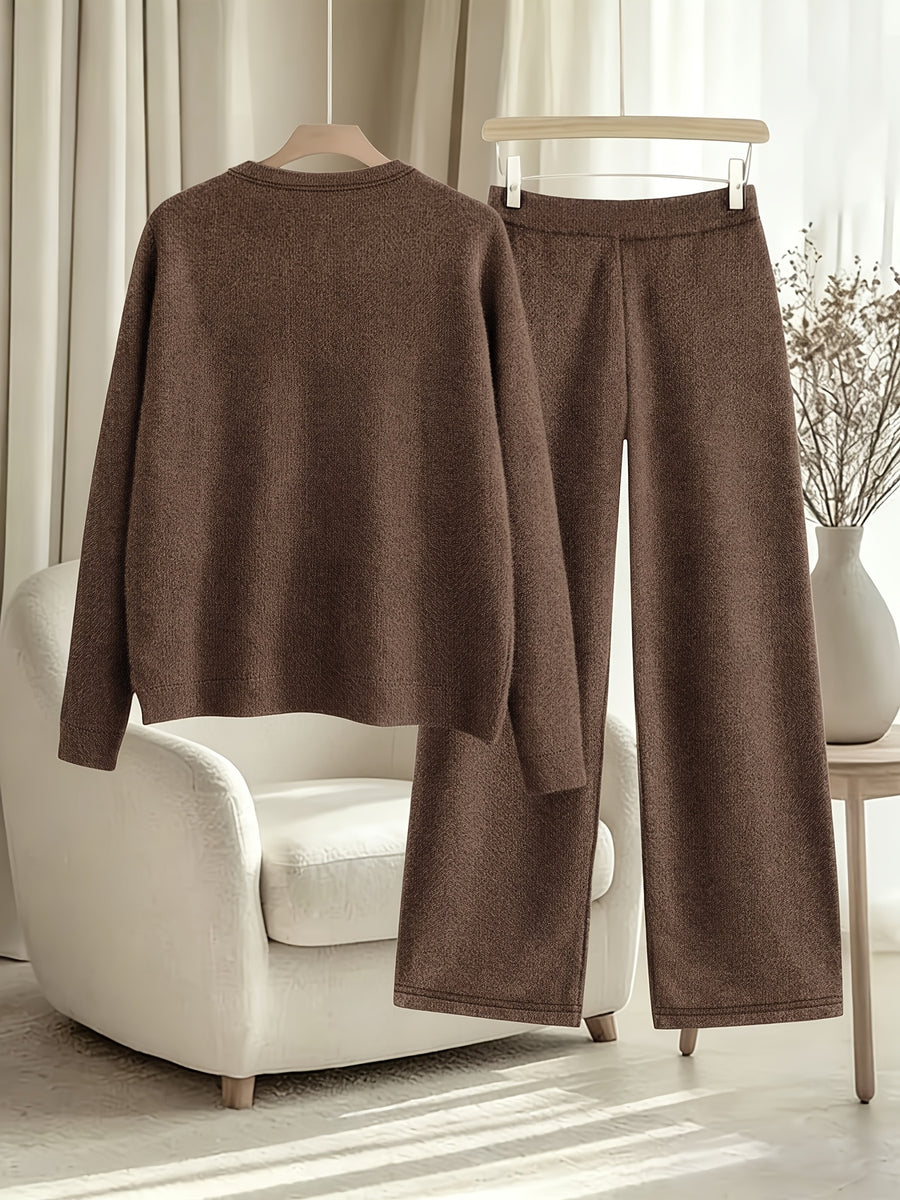New Arrival Women'S Fall Winter Thick 2pcs Outfit, Printed Loose Crew Neck Faux Pullover Top Straight Leg Pants Set, Fashion Casual Long Sleeve Warm Sweater Matching Set, Soft Washable Loungewear for Home Outdoor Wear - Dark Coffee Color