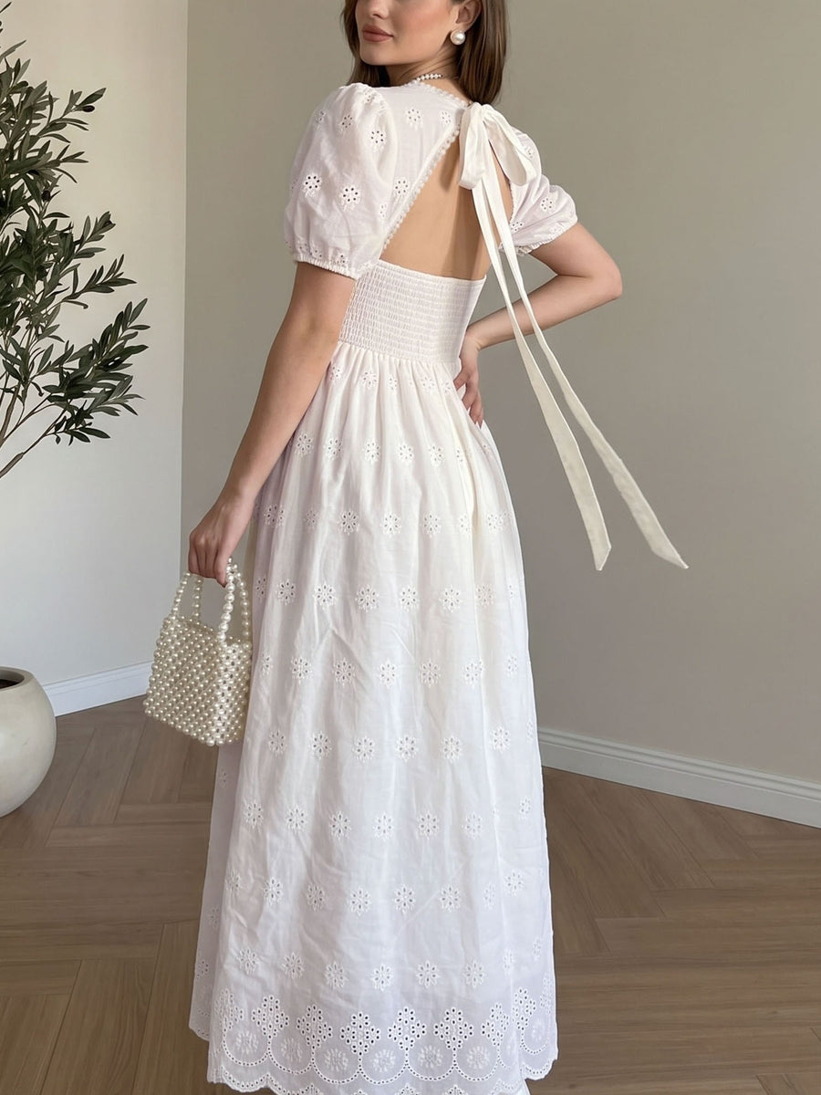 Eyelet Embroidered Round Neck Puff Sleeve Smocked Waist Open Back Bow Tie A-Line Midi Dress - White