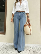 Distressed Rivet Stretch Flare Jeans - Bright Steel Blue