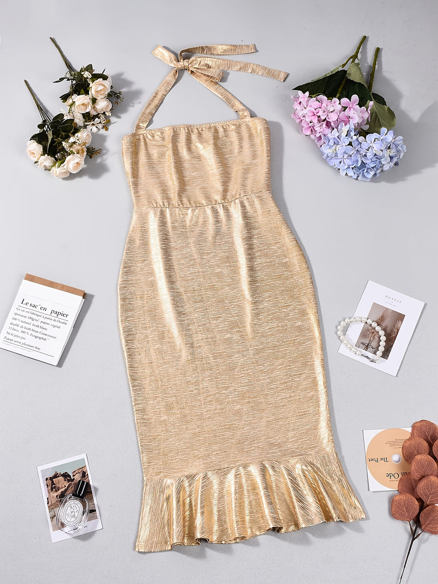 Summer Women'S New Elegant Fashion Tie-Design Flared Hem Pleated Ruffle Dress, Suitable for Parties, Evening Gowns, And Wedding Bridesmaids - Golden