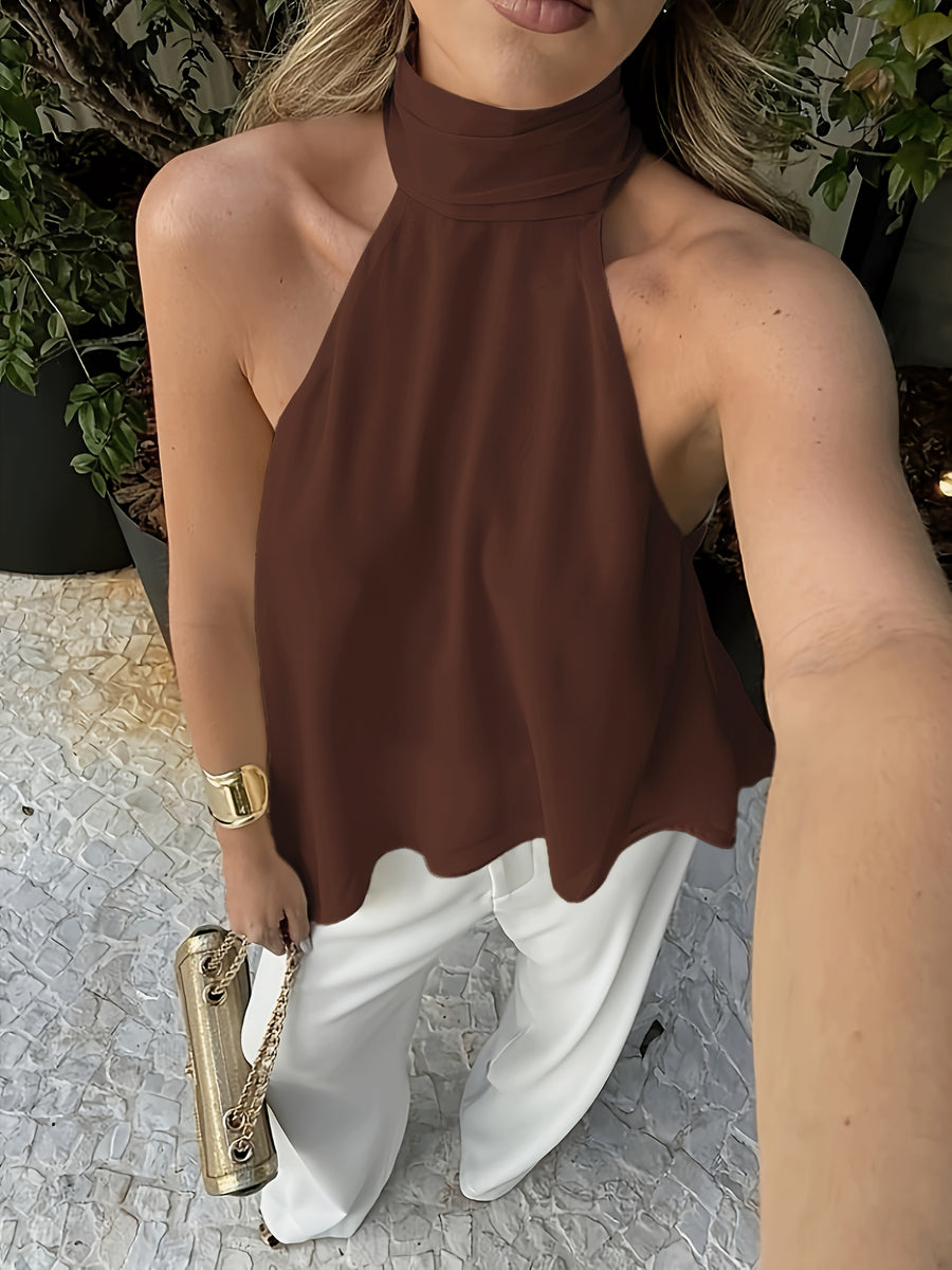 Sexy Halter Back Tank Top New Temperament Ribbon Design Aesthetic Back Satin Sleeveless Top - Dark Brown