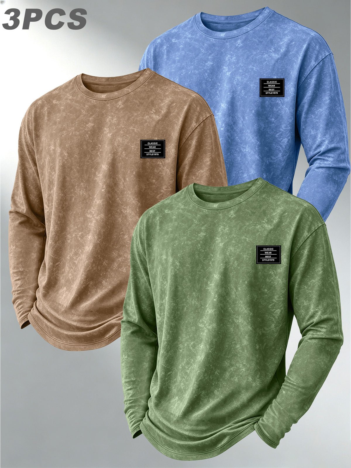 Men's 3pcs Set American Vintage Distressed Long-Sleeve Base Layer Washed Crew Neck Versatile Casual Long-Sleeve Top - Green+Khaki+Light Blue