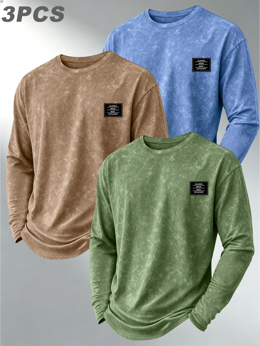 Men's 3pcs Set American Vintage Distressed Long-Sleeve Base Layer Washed Crew Neck Versatile Casual Long-Sleeve Top - Green+Khaki+Light Blue