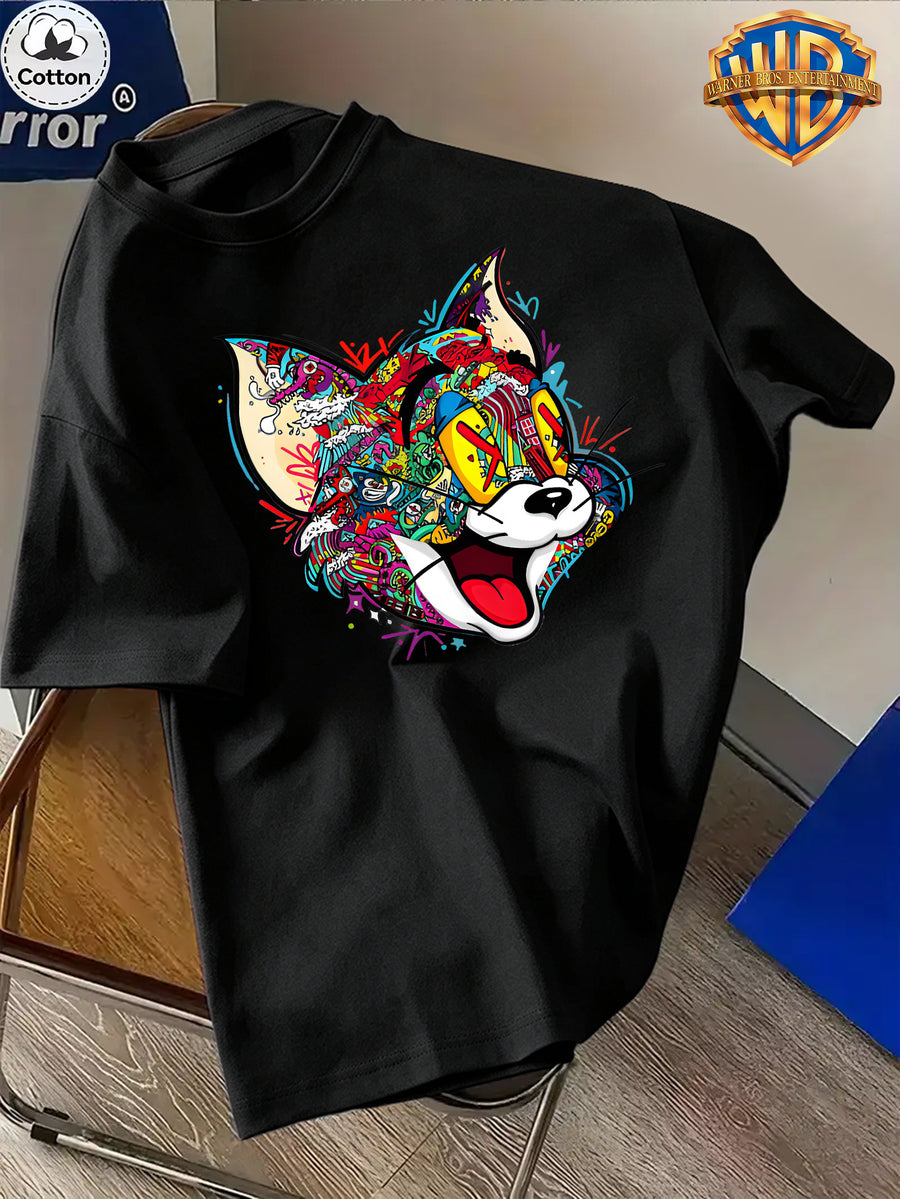 Cartoon Pattern Print T-Shirt, Round Neck Design, Pure Short Sleeve Street Casual Wear. Easy And Comfortable, Versatile Summer Short Sleeve T-Shirt, Suitable for Men'S Outdoor Activities, Gym Studio, Office Daily Wear - Black
