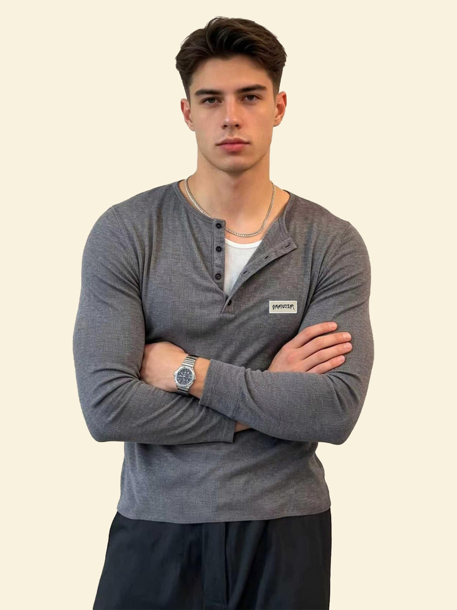 Henley Collar Long Sleeve T-Shirt Men'S Slim Fit Label Small Design Top Spring Autumn Easy Casual Base Layer (White Inner Not Included) - Dark Gray 5