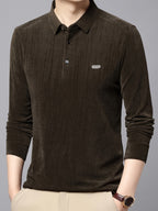 New Autumn Collection: Men's High-GSM Solid Color Textured Vertical Stripe Lapel Top for Commuting, Business, and Casual Wear - Knitted T-Shirt Polo Shirt - Olive Green
