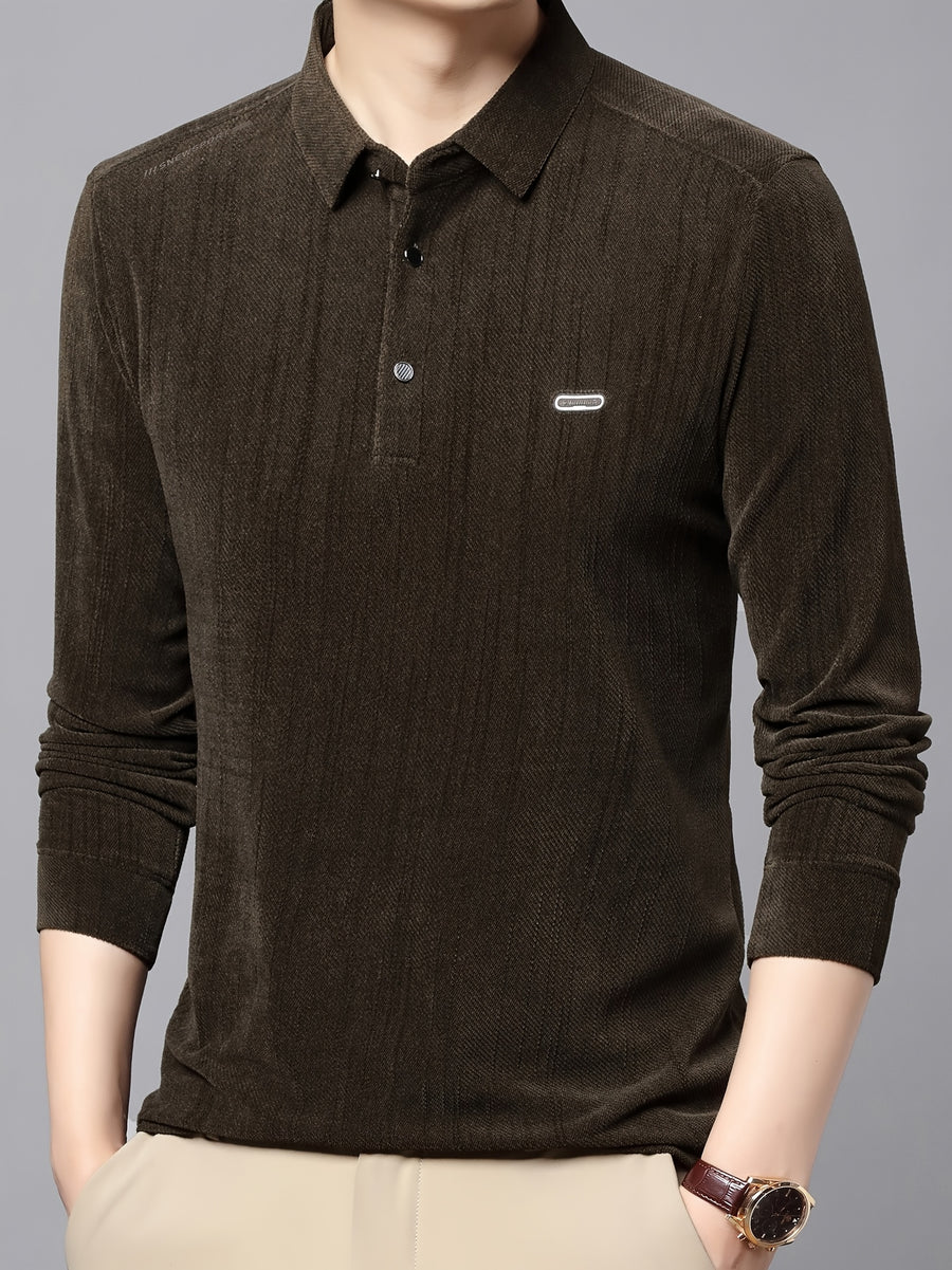 New Autumn Collection: Men's High-GSM Solid Color Textured Vertical Stripe Lapel Top for Commuting, Business, and Casual Wear - Knitted T-Shirt Polo Shirt - Olive Green