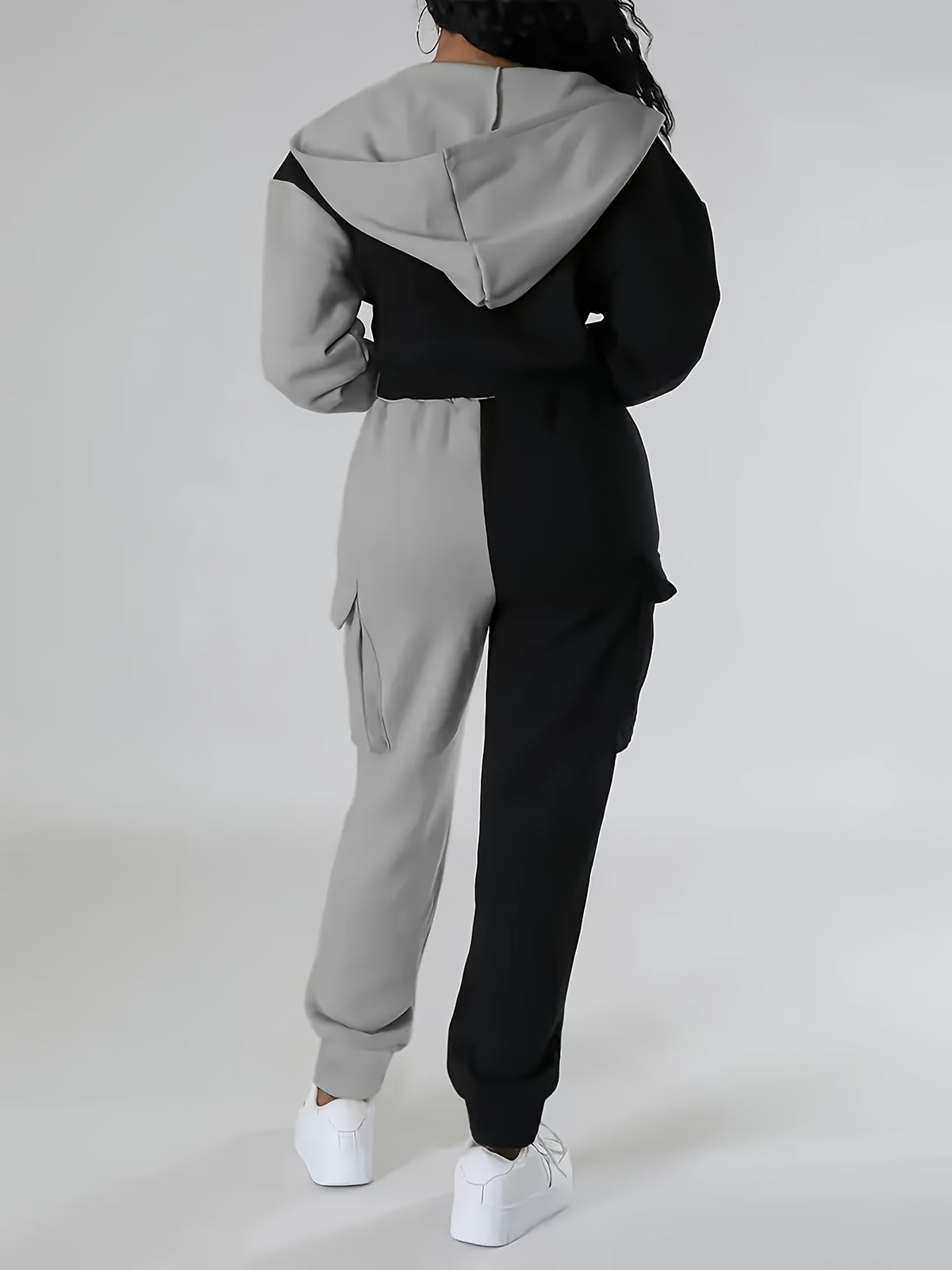 Fashion Women'S Clothing, Color-Block Hooded Casual Set - Black And Grey