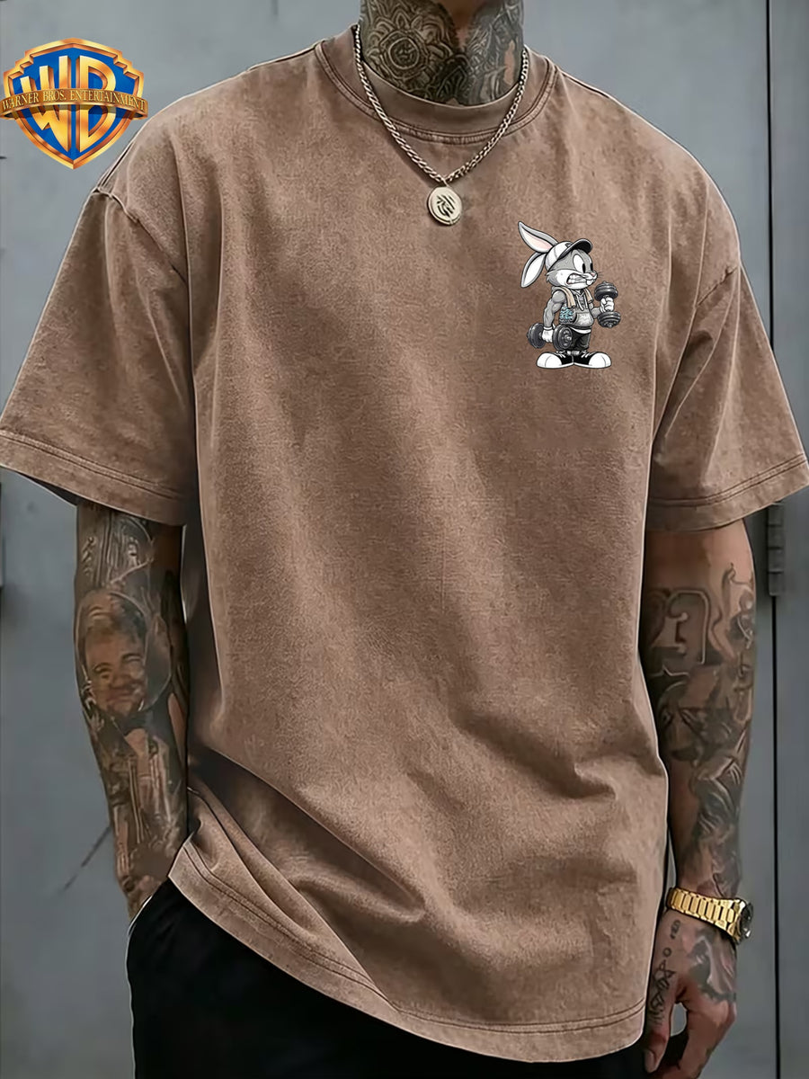 Fitness Weightlifting Rabbit Boggie Front And Back Double Print Washed T-Shirt, Washed Distressed Vintage Short Sleeve Style Le Yitong Anime Casual Top, Men'S 100% Washed Casual Comfortable Style Full Match Loose Summer Short Sleeve T-Shirt - Khaki