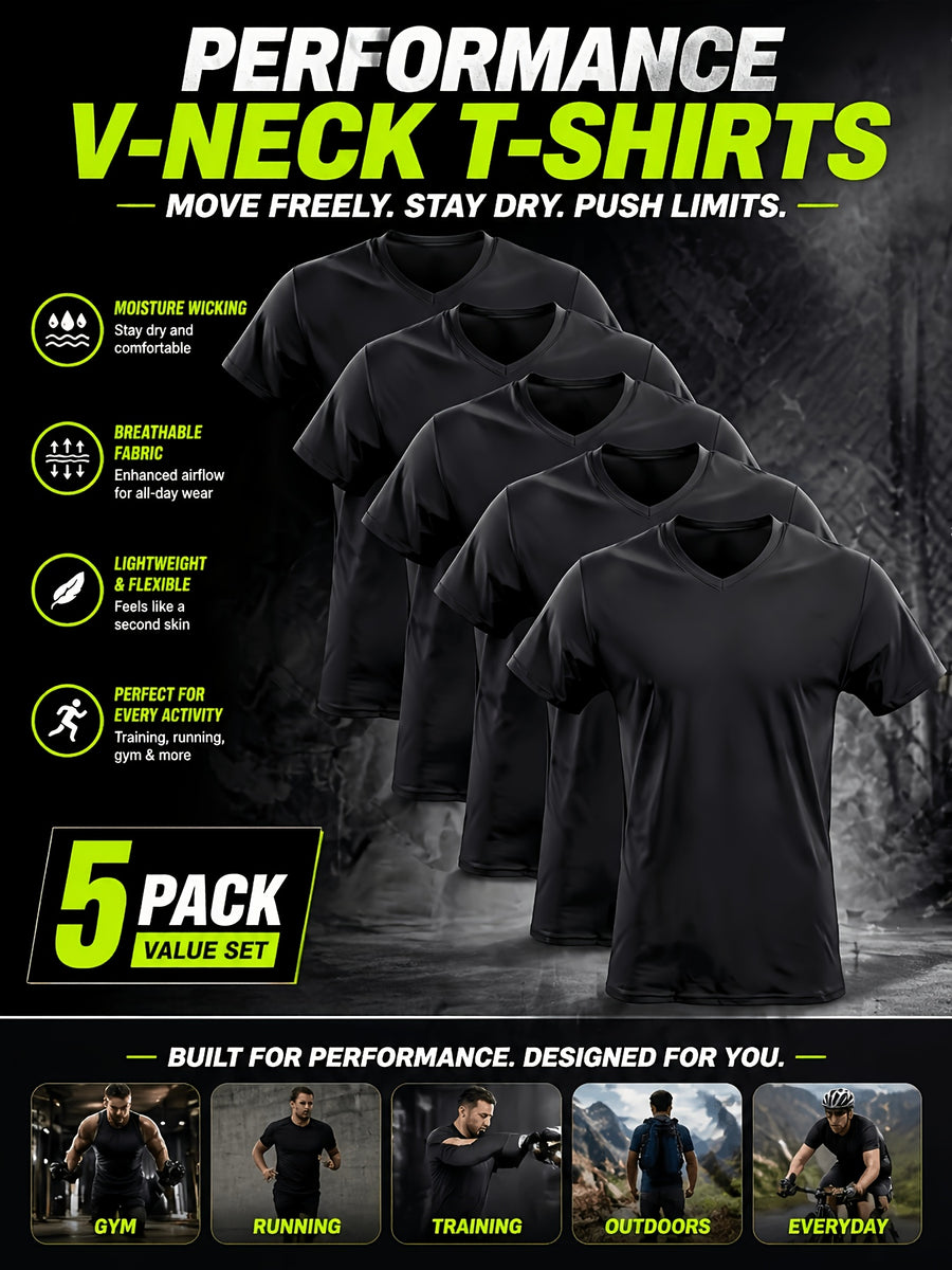 Men'S Summer Classic V-Neck Casual Short Sleeve T-Shirt 5pcs Set, Summer Essential | Solid Color, Quick-Dry Polyester Fiber, Ideal for Outdoor Running And Exercise, Machine Washable - 5PCS-Black