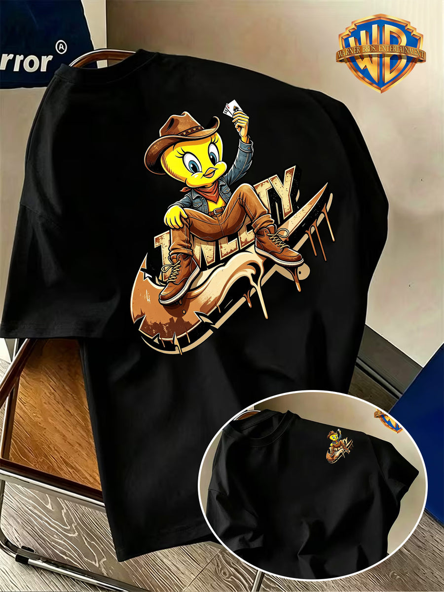 Warner Bros. Official Men's Short-Sleeve T-Shirt with Front and Back Print. Features a Creative Core Western Cowboy Style Design with Bird Holding Playing Cards. The Vibrant Print Creates a Strong Atmosphere, Making the Shirt Eye-catching - Black