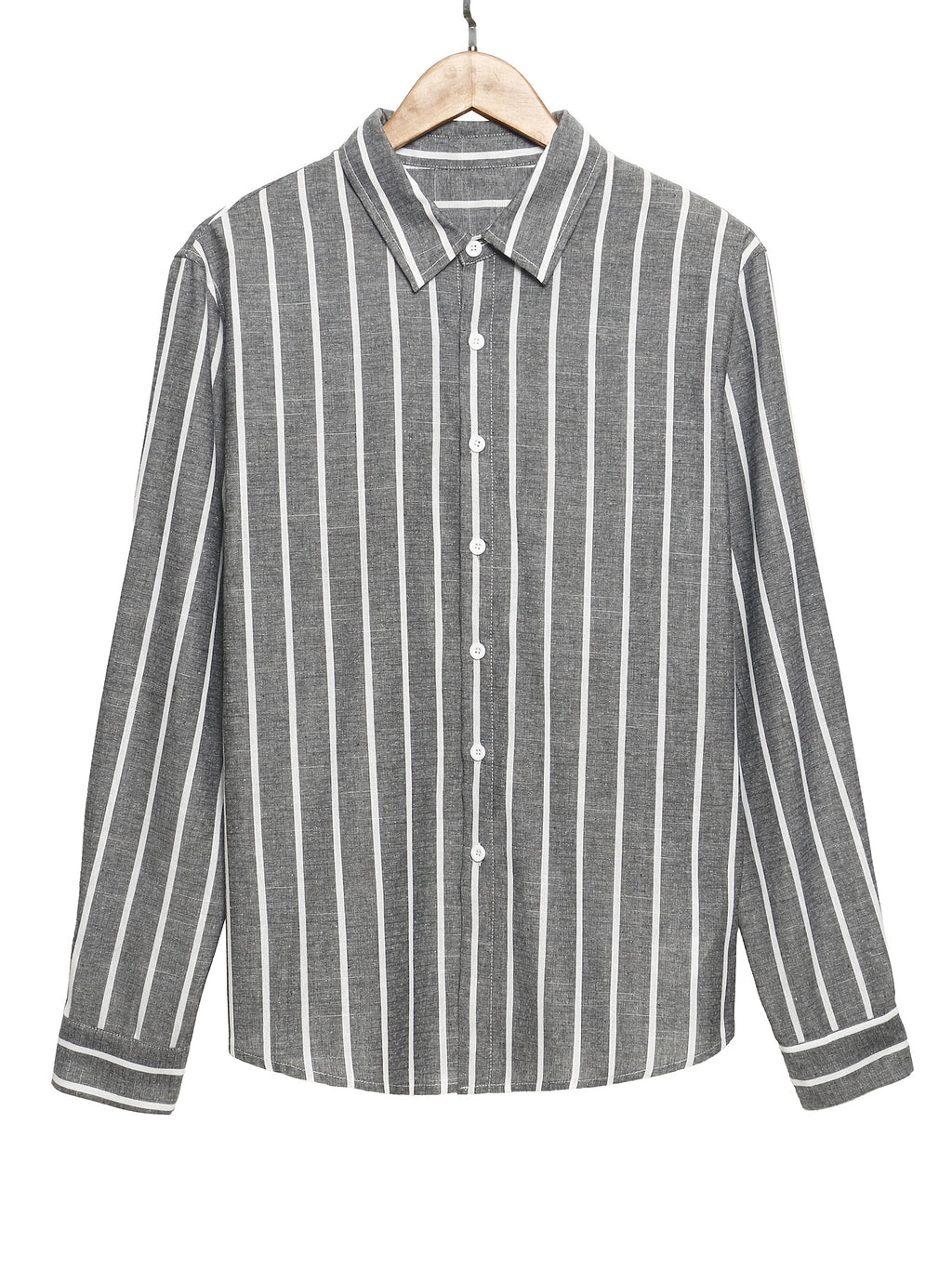 Men'S Long Sleeve Business Shirt, Regular Fit, Fashionable Casual Textured Striped Linen-Like Comfortable Breathable Light Business Collar Shirt (Back Double Layer Pleating Craft) Suitable for Office, Weddings, And Formal Occasions - Grey