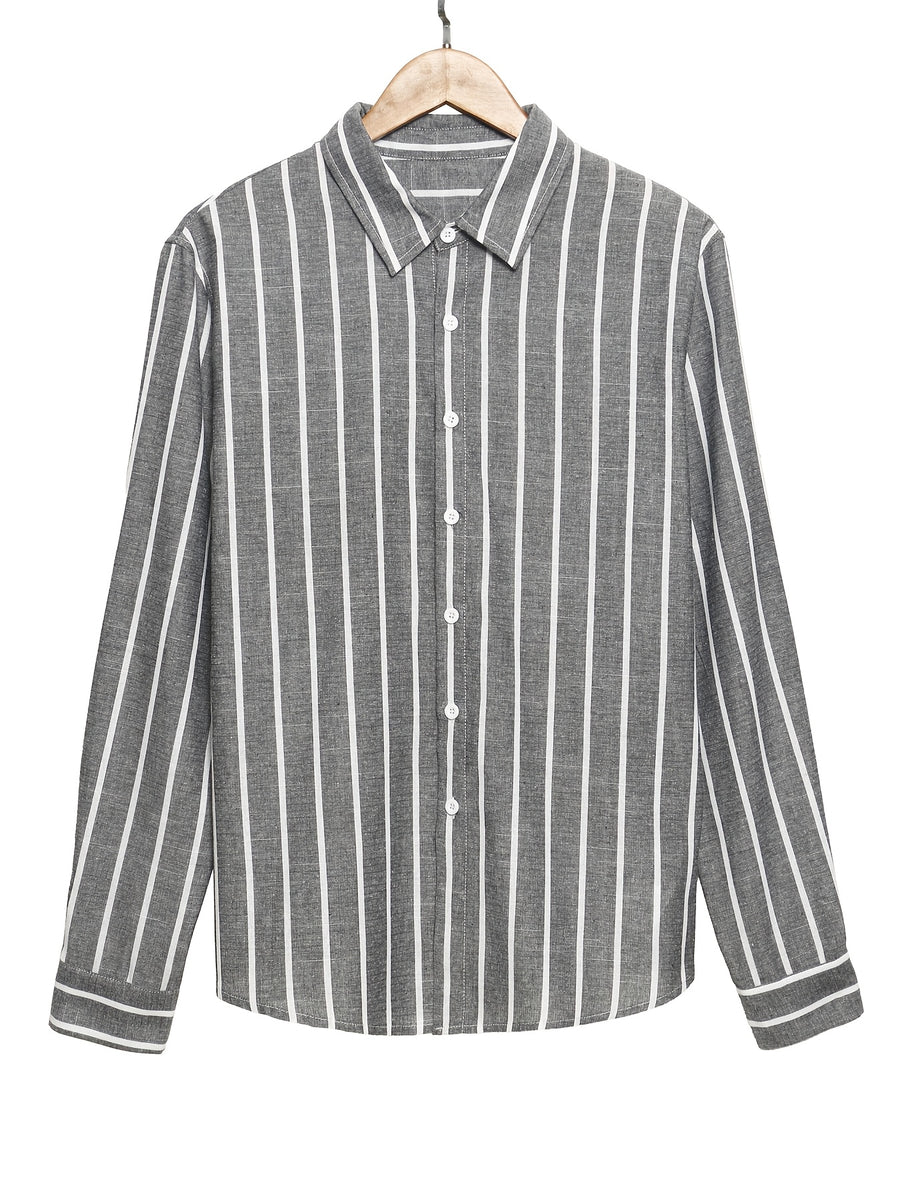 Men'S Long Sleeve Business Shirt, Regular Fit, Fashionable Casual Textured Striped Linen-Like Comfortable Breathable Light Business Collar Shirt (Back Double Layer Pleating Craft) Suitable for Office, Weddings, And Formal Occasions - Grey