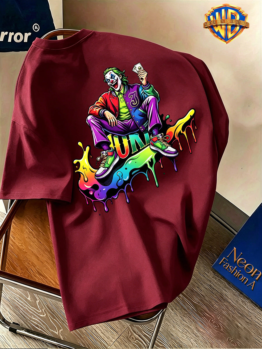 Halloween Back-To-School Men'S Short Sleeve T-Shirt, Warner Bros. Official DC Joker Sitting Colorful Dripping Trendy Cartoon Print, All-Match Casual Spring Summer Regular Fit Top, Breathable And Skin-Friendly, Suitable for Daily Outings - Burgundy