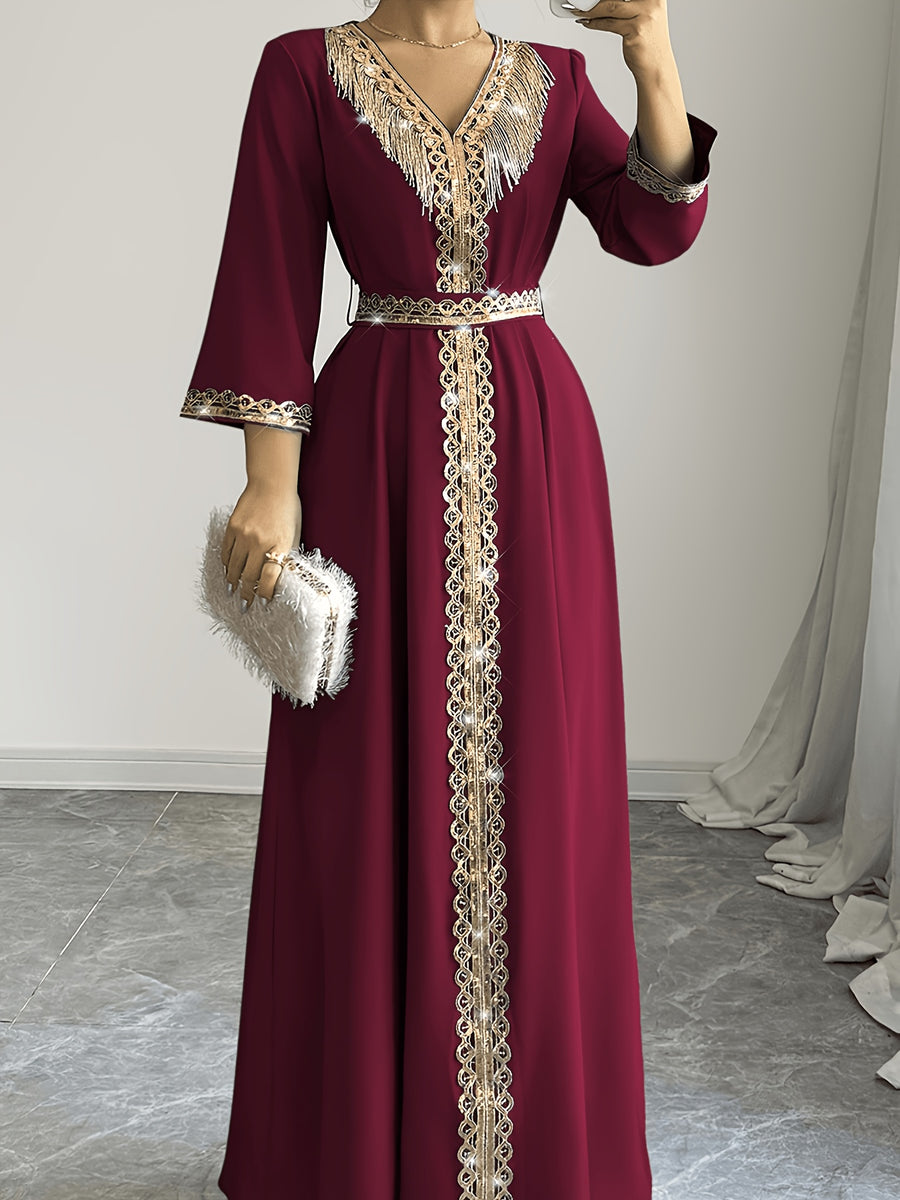 2026 New Abaya Robe Style Kimono Sleeve Long Dress V-Neck Caftan Robe Wrap Style Front Panel High Waist Empire Line Floor Length Dress Golden Lace Trim Sequined Embroidery Golden Bead Trim Golden Contrast Ruffle Tie Waist Skirt Muslim Fashion Arabic - Red