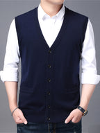 Autumn Winter Men'S Knit Cardigan Vest Men'S Casual Solid Color Pocketed Knit Vest Men'S V-Neck Open Front Sleeveless Sweater - Navy Color