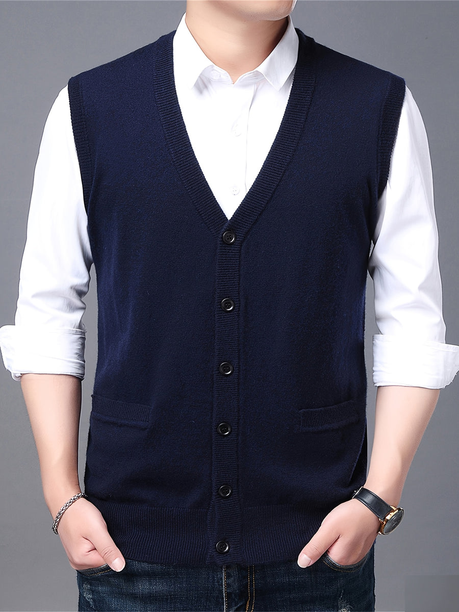 Autumn Winter Men'S Knit Cardigan Vest Men'S Casual Solid Color Pocketed Knit Vest Men'S V-Neck Open Front Sleeveless Sweater - Navy Color